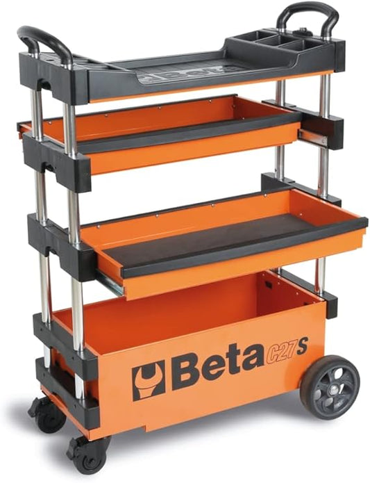 Beta C27S Orange Collapsible Rolling Tool Cart, 4 Inch Steering Wheels with Brake, 110 Pound Capacity