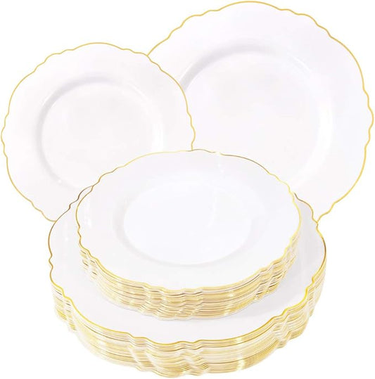 WDF 60pcs Gold Plastic Disposable Plates - Baroque White and Gold for Upscale Parties, Wedding, Thanksgiving including 30Plastic Dinner Plates 10.25inch, 30Salad Plates 7.5inch