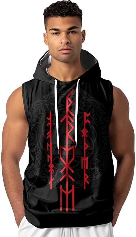 Viking Men's Sleeveless Workout Hoodie Hooded Bodybuilding Muscle Cut Off Tank Tops Gym Fitness