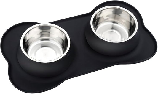 Pet Deluxe Dog Bowls Stainless Steel Dog Bowl with No Spill No Skid Silicone Mat, 24/48 oz Dog Food and Water Bowl Set Double Dog Feeder Bowl Dog Dish for Small Medium Large Sized Dogs Cats Puppy