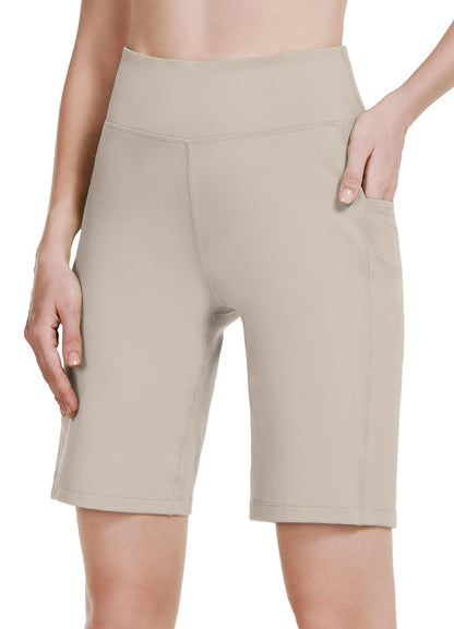 BALEAF Women's 10" Bermuda Shorts Long Athletic Workout Knee Length High Waisted Yoga Running Shorts with 3 Pockets Light Khaki XL