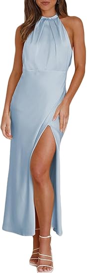 2024 Summer Satin Halter Neck Backless Slit Midi Dresses Elegant Cowl Back Ruched Wedding Guest Maxi Dress for Women