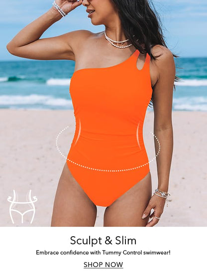 CUPSHE Women's One Piece Swimsuit Tummy Control Bathing Suit One Shoulder Fixed Strap Slimming Swimwear M Neon Orange