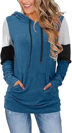 CATHY Women's Casual Drawstring Pullover Tunic Top Long Sleeve Color Block Hoodie Sweatshirts With Pocket