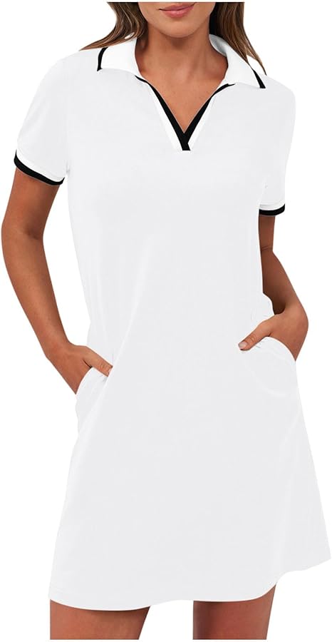 Sport Athletic Tennis Golf Dress for Women Fall Summer Short Sleeve Vneck Midi Mini Short Shirt Dress Women 2025