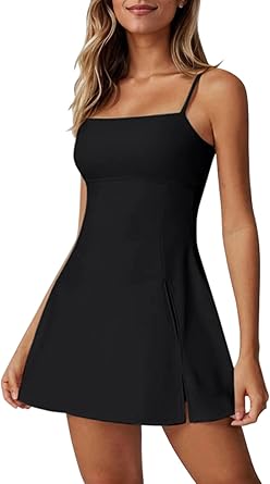 Dokuritu Womens Tennis Dress with Built in Shorts and Bra Spaghetti Strap Backless Square Neck Side Slit Golf Dresses