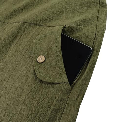 NANAMEEI Sport Mens Yoga Harem Pants Linen Aladdin Pants Summer Trousers Linen Pants Botton Pockets Army Green L