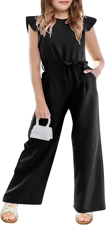 Girls Casual Jumpsuit Kids Fashion Cap Sleeve Belted Wide Leg Romper One Piece Outfits with Pockets