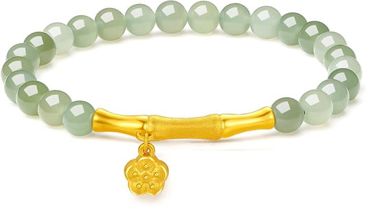 24K Gold Bracelet Jade Beaded Bracelets Stretch Bead Chain Lucky Charm Jewelry Crystal Beads Feng Shui Green Stone Bangle Good Luck Gift Healing Gemstone Bangles Energy Chakra Hetian Gem for Women Men