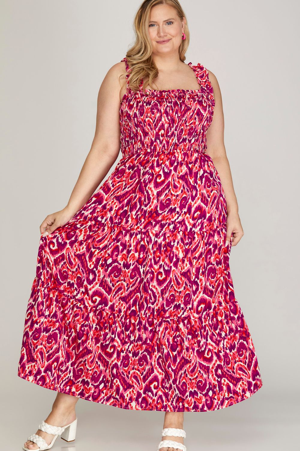 She Sky Full Size Smocked Printed Wide Strap Tiered Dress Plus Size