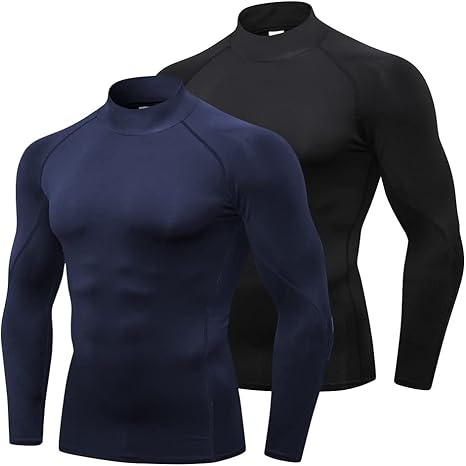 Men's Compression Shirt Athletic Long Sleeve Running Gym Turtleneck Quick Dry Active Elastic Baselayer, 2 Pcs Navy+black# Turtleneck, Large