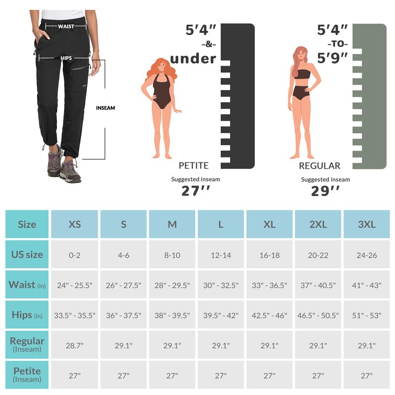 BALEAF Women's Hiking Pants Quick Dry Water Resistant Lightweight Joggers Pant for All Seasons Elastic Waist Black Size M