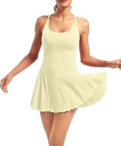 YOAKUKA Women's Flowy Tennis Dress with Built in Shorts & Bra Spaghetti Crossover Back Strap Athletic Workout Active Jumpsuit