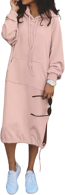 ebossy Women's Casual Loose Solid Color Drawstring Hoodie Fall Warm Fleece Sweatshirt Maxi Dress with Pocket