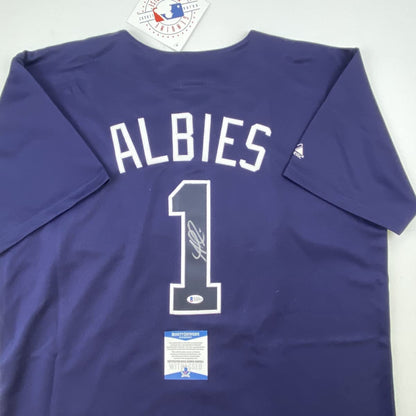 Autographed/Signed Ozzie Albies Atlanta Braves Blue Majestic Baseball Jersey Beckett BAS COA