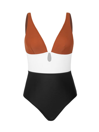 CUPSHE Women's One Piece Swimsuit Color Block Keyhole Cutout Bathing Suit M, Brick Red