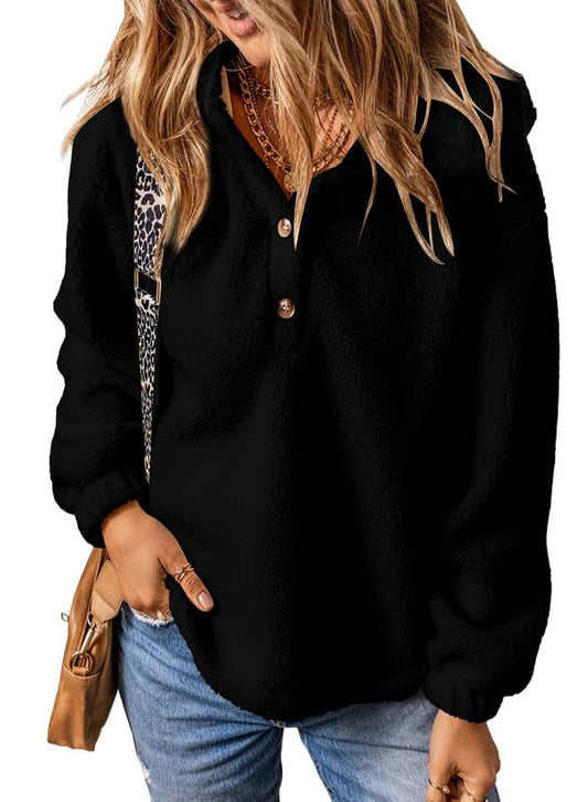 Dokotoo Plus Size Womens Hoodies Fuzzy Fleece Pullover Sherpa Winter Sweatshirt Button Up Sweaters Loose Sweatshirt for Women Black XX-Large
