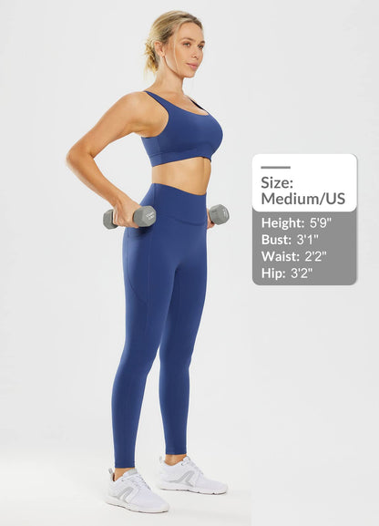BALEAF Leggings for Women Tummy Control Compression Workout Athletic Running High Waisted Yoga Pants with Pockets 27'' Navy Blue M