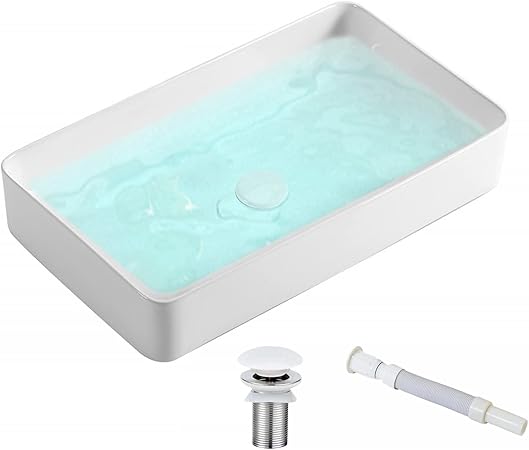 24 Inch Countertop Vessel Sink for Bathroom Modern Rectangular Bathroom Sinks Shallow Above Counter White Ceramic Porcelain Basins Powder Room Big Bathroom Vanity Cabinets Sink Bowl 24 x 13