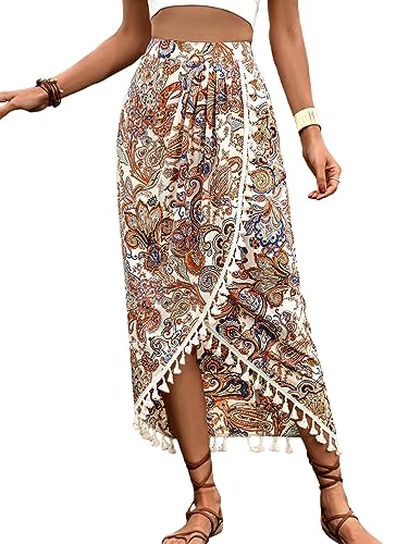 Floerns Women's Boho Paisley High Waist Wrap Fringe Tassel Trim Long Skirts Apricot L
