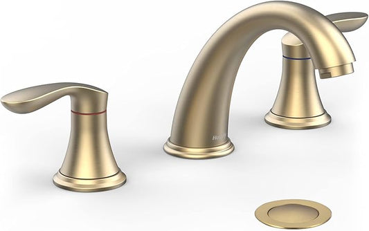 Bathroom Sink Faucet, Faucet for Bathroom Sink, Widespread Brushed Gold Bathroom Faucet 3 Hole with Stainless Steel Pop Up Drain and cUPC Lead-Free Hose - (Brushed Gold)