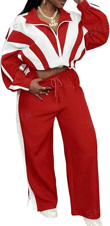 Women's 2 Piece 80s Outfit Color Block Windbreaker Tracksuit Set Crop Top Sweatshirt and Pants Retro Jacket
