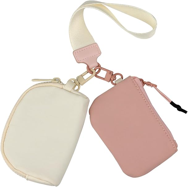 Keychain Wristlet Wallet Mini Zip Coin Around Clutch Purse for Women Dual Pouch Credit Card Holder Cute Key Chain Wrist Bag (Pink+White)