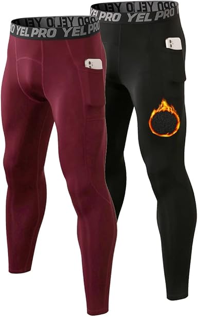 Men's Thermal Leggings Micro-Fleece Warm Compression Pants Running Sports Tights with Pockets Base Layer Bottoms