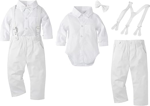 BabyMars Christening Clothes Wedding Tuxedo Outfit Baby Boys Formal Suit Gentleman Bowtie Long Sleeve Suit(White Suspenders, 3-6 Months)