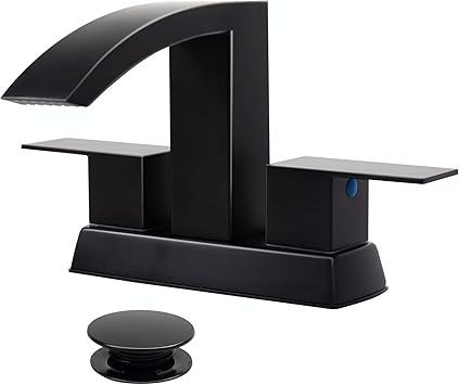 Matte Black Waterfall Bathroom Faucet, 4 inch Centerset Bathroom Faucets for Sink 2 or 3 Holes, 2 Handle Vanity Faucets with Pop-up Drain and Supply Lines, 304 Stainless Steel