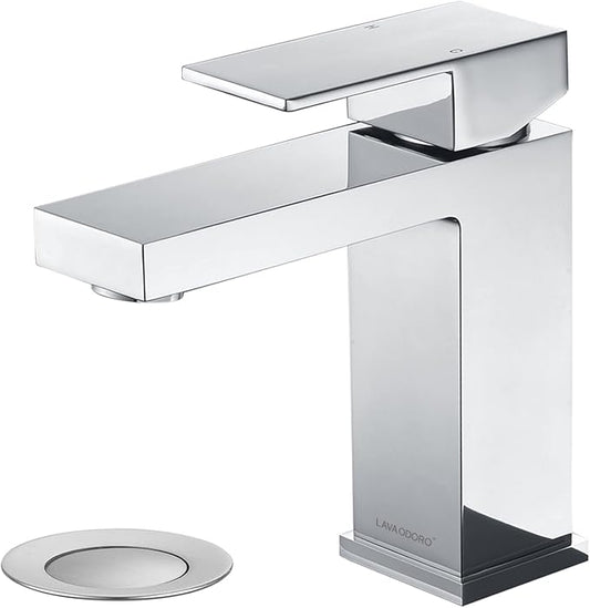Chrome Bathroom Faucet, Lava Odoro Single Hole Bathroom Faucet, Single Handle Bathroom Sink Faucet Vanity Faucet with Pop up Drain Assembly, Deck Plate Included, BF307-C