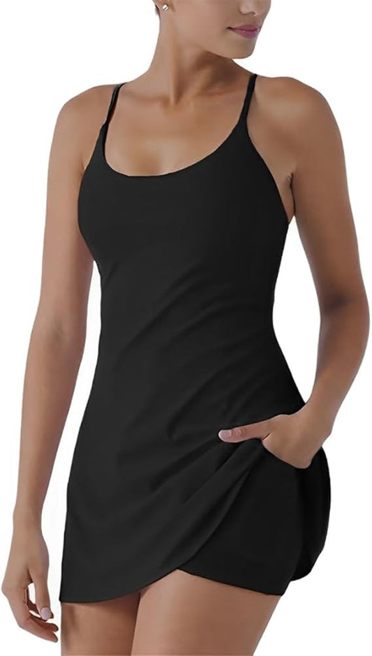 Women's Tummy Control Backless Active Dress with Shorts - Side Pockets & Easy Bathroom Design, Yoga Tennis Golf Running