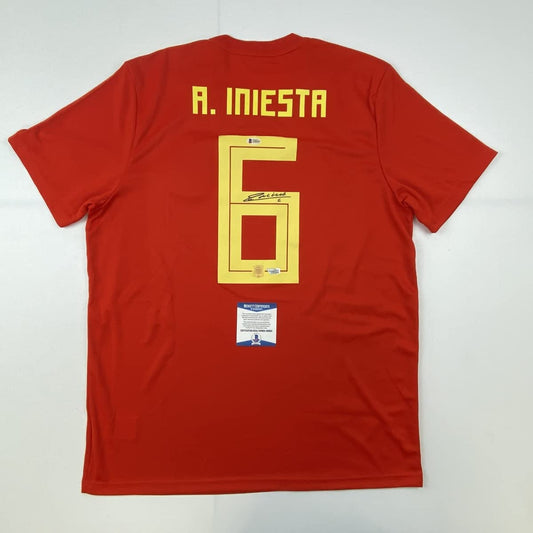Autographed/Signed Andres Iniesta Spain Red World Cup Soccer Futbol Jersey Beckett BAS COA