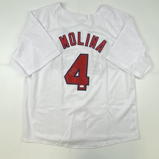 Autographed/Signed Yadier Molina St. Louis White Baseball Jersey JSA COA Holo Only