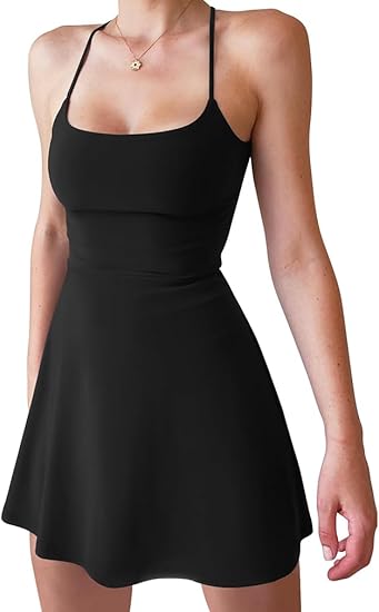 XXTAXN Women's Summer Casual Tennis Workout Spaghetti Strap Backless Mini Dress with Shorts