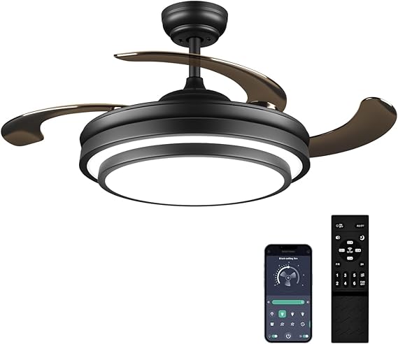 42 Inch Black Modern Ceiling Fan with Lights and Remote Retractable Fandelier Ceiling Fan 6 Speed Dimmable Memory LED Ceiling Fan Silent Reversible APP Control Smart Ceiling Fan for Bedroom Kitchen