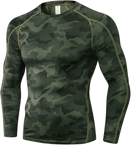 Men's Compression Shirts Long Sleeve Sport Workout T-Shirt Running Cool Dry Tops Active Spande Baselayer Undershirts Camo Green Large