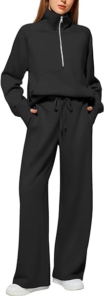 Women's 2 Piece Outfits Lounge Set 2024 Oversized Half Zip Sweatshirt Wide Leg Sweatpant Set Sweatsuit Tracksuit