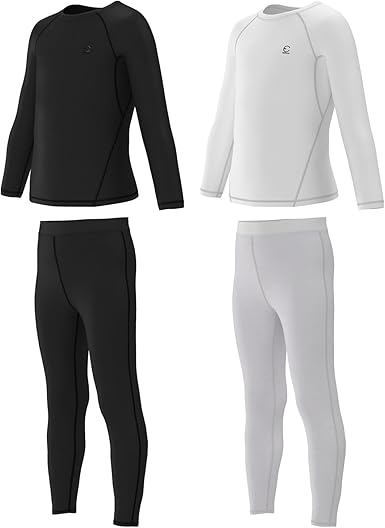 Boys Compression Pants and Youth Athletic Shirts Set 4 Piece Base Layer Gear for Kids Sports, Football, Soccer