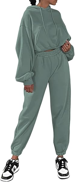 Herseas Womens 2 Piece Fleece Outfits Long Sleeve Crop Hoodie Sweatshirt with Jogger Pants Tracksuit Lounge Set
