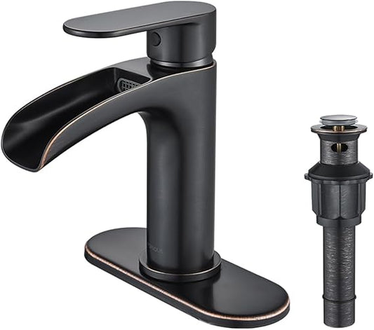 FORIOUS Oil Rubbed Bronze Bathroom Faucet Single Hole, Single Handle Waterfall Bathroom Sink Faucet 1 or 3 Hole with Metal Pop Up Drain and Hose for Vanity RV Restroom