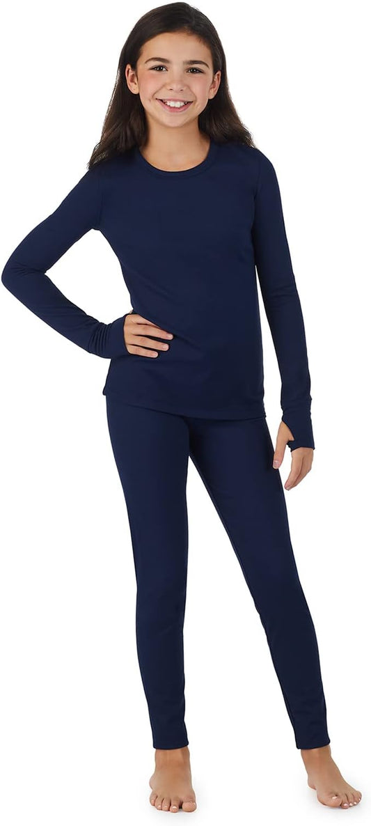 Cuddl Duds Girls Cold Weather Fleece-Lined Thermal Underwear 2-Piece Set - Kids Long Sleeve Top and Leggings Long Johns