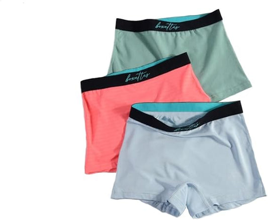 Girls' Boxer Briefs. 3-pack sampler Cotton, Modal and Nylon Mesh. Sensory-friendly. Full-coverage. Super soft. Tagless.