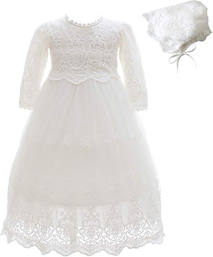 Baby Girls Long Sleeve Baptism Dress Floral Embroidery Christening Blessing Gown
