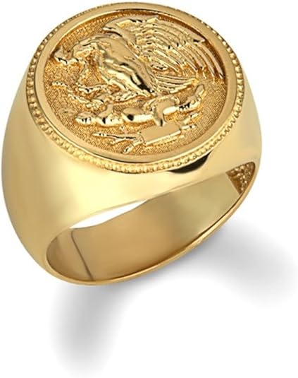 Claddagh Gold 10K and 14K Gold Mexican Eagle Emblem Coat Of Arms Men's Signet Ring Available in Yellow, Rose and White Gold with multiple ring sizes