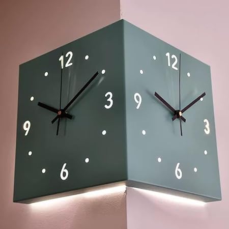 Corner Wall Clocks for Living Room Decor, LED Luxury Double Sided Corner Wall Clocks with Light, Square Digital Sensor Luminous Clock with Numeral Scale Battery, 10 Inch Modern Decorative Silent(Blue+