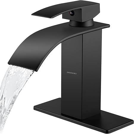 Waterfall Bathroom Faucet, Modern Black Stainless Steel, 3-Hole, Single Handle, Commercial Sink Faucet