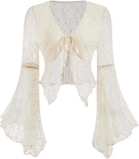 GORGLITTER Women's Lace Bell Long Sleeve Tops Tie Front Blouse Sheer Crop Top