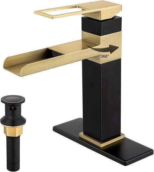 Waterfall Matte Black Bathroom Faucet, 360Îç Swivel Spout for 1or 3 Holes Brushed Gold Bathroom Sink Faucet, Modern Lavatory RV Vanity Faucet with Metal pop up Drain