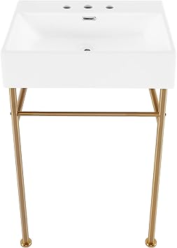 Claire 24" Console Sink White Basin Brushed Gold Legs with 8" Widespread Holes